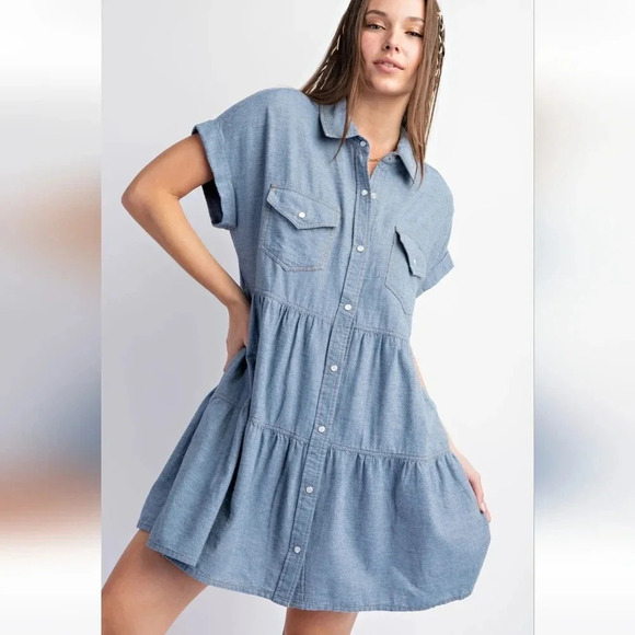 New! Easel Button Down Tiered Denim Shirt Dress - Picture 1 of 5